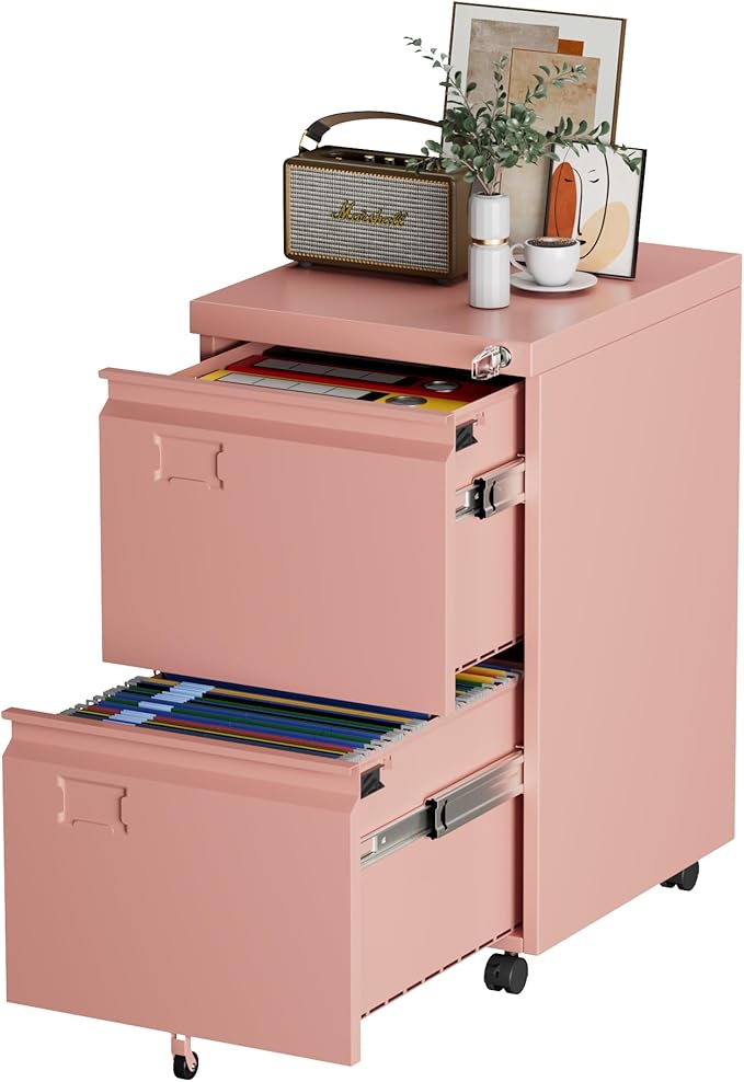 Aobabo 2 Drawer Metal File Cabinet with Lock, Heavy Duty Rolling Filing Cabinet on 5 Wheels, Upgraded Smooth Slides & High Weight Capacity for Home Office Under Desk,Assembly Required