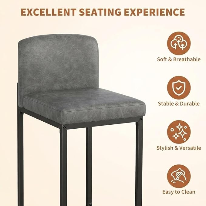GarveeHome Bar Stools Set of 2, Modern Counter Height Bar Stools with Back and Footrest, Faux Leather Upholstered Barstools Chairs for Kitchen Island Dining Room Bar, Grey