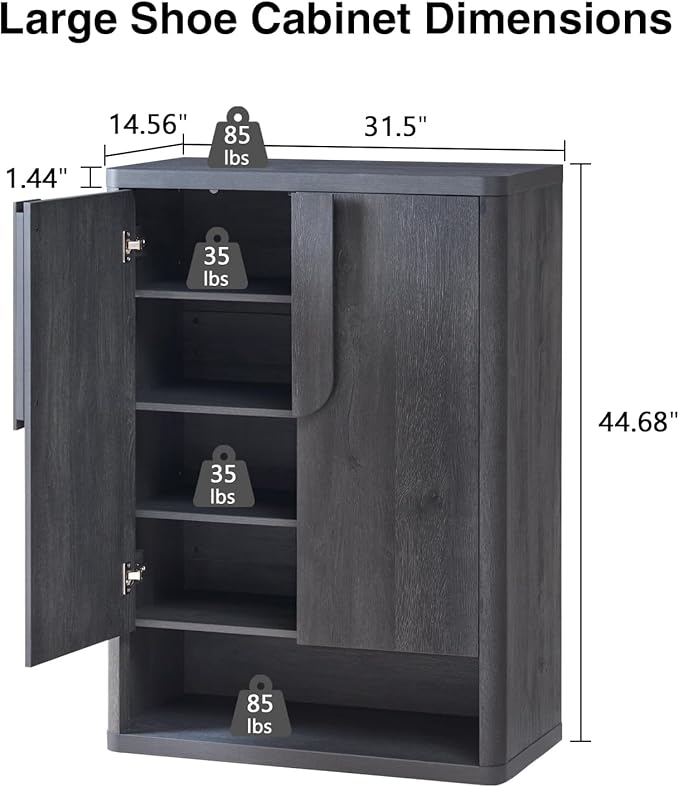 Shoe Cabinet 44" Tall Large Storage Organizer Modern Shoe Rack with Doors & 4 Shelves Minimalist Free Standing 5-Tier Cabinet for Entryway Hallway Living Room,Gray Black,1PC