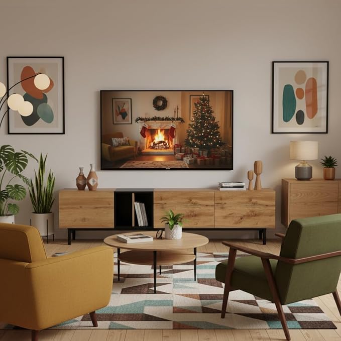 Virubi Modern 76.8" TV Stand for TVs Up to 80", Wooden Entertainment Center with 3 Cabinets & Open Shelves, Media Console with Storage for Living Room, Bedroom & Entertainment Spaces