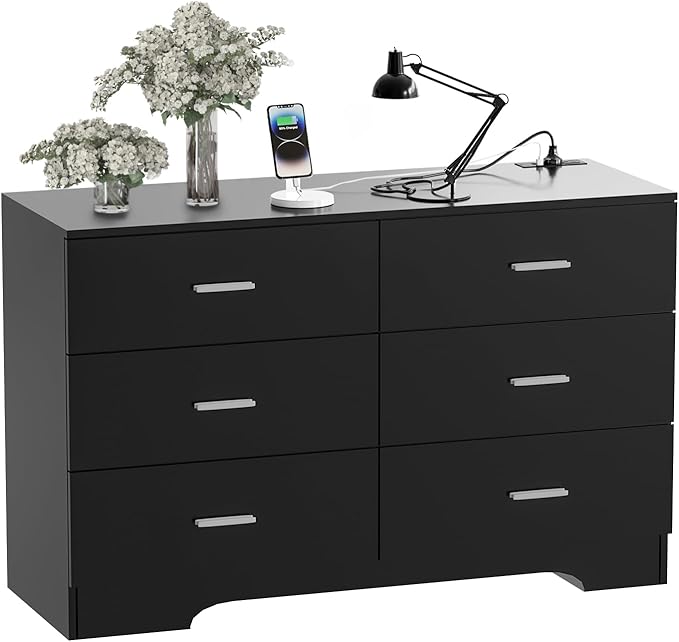 FJTJBSI Dresser with Power Outlets Wooden 6 Drawer Dresser with USB and Type C Port Chest of Drawers for Bedroom Tall Black Organizer Storage for Living Room Hallway Closet