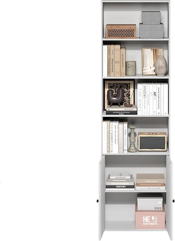 Furinno Jensen Book Shelf, 6-Tier Farmhouse Bookshelf, Display Bookcase with Doors, 9.2" x 21.6" x 71.2", for Organization and Storage, for Living Room, Bedroom, Home Office, White