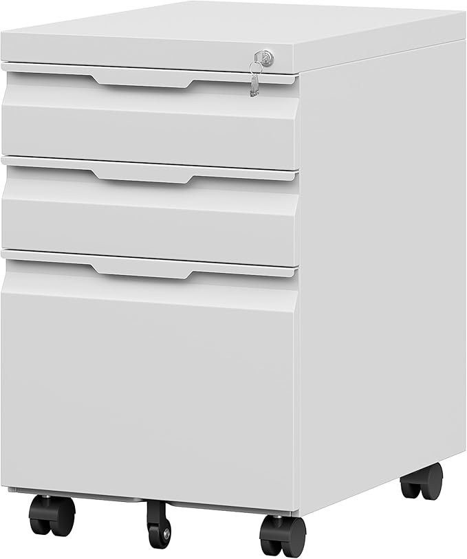 3 Drawer Metal Rolling File Cabinet with Lock, Under Desk Mobile Filing Cabinet for Home Office, Steel Storage Cabinet with Wheels for A4/Letter/Legal Documents, Easy Assembly, White