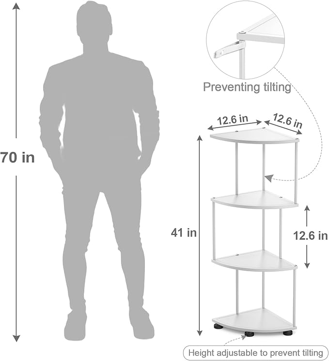 haomsj Metal Corner Shelf Stand 4 Tier 41",Sturdy Baking Paint Process Corner Shelves Display Shelf for Living Room Decor,Wall Corner Bookshelf Office Small Space (White)