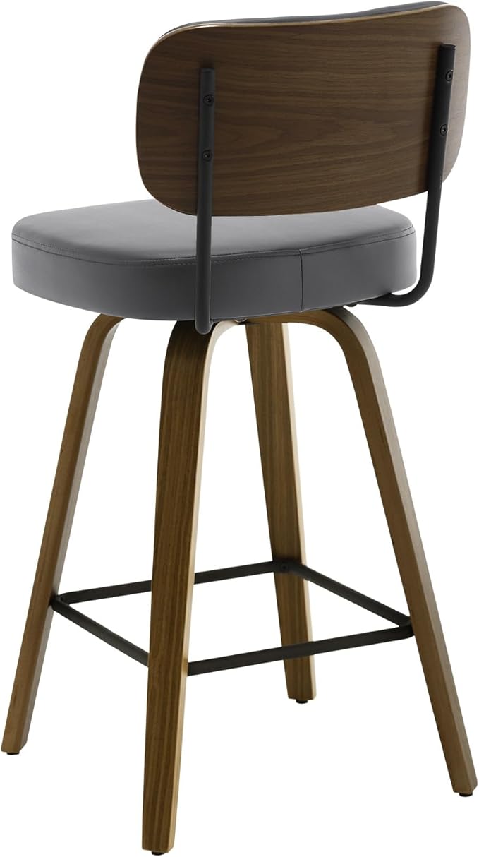 Bekrvio Swivel Counter Height Bar Stools Set of 4, 26" Upholstered Faux Leather Barstools with Back and Bent Wood Legs, Mid Century Modern Bar Chair Island Stool for Kitchen Counter, Grey