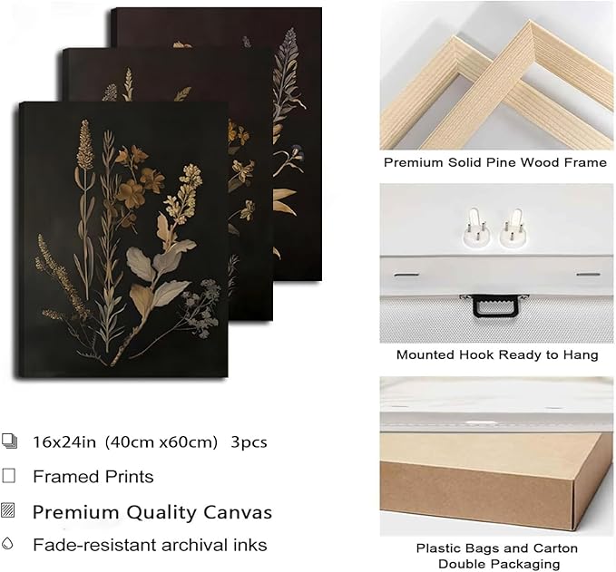 Black Botanical Canvas Wall Art Set of 3 Vintage Floral Art Moody Flower Wall Decor Dark Academia Poster Painting Prints Pictures for Bedroom Living Room 16x24 Inch Framed