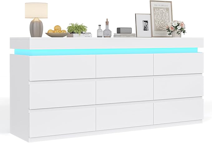 HAUOMS 9 Drawer Dresser with LED Light, White Modern Chest of Drawers for Bedroom,Long Dresser with Drawers for Living Room, Entryway, Hallway