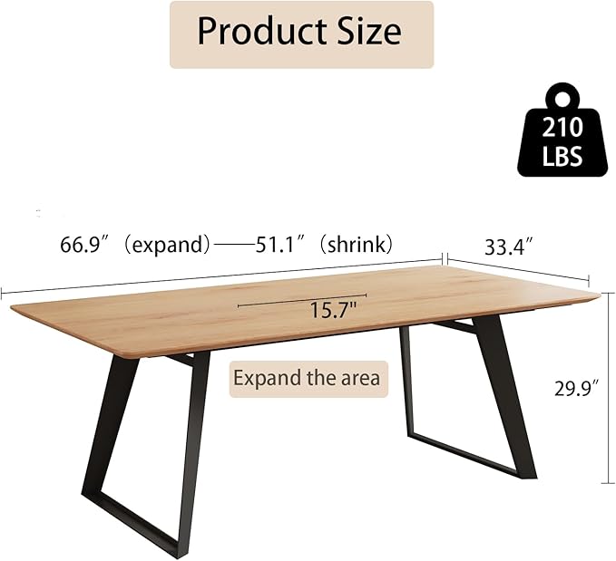 ZckyCine Extendable Dining Table - 63" to 78.7" Adjustable Rectangular Table with Black Metal Legs, Modern Expandable Dining Table for 6-8 People