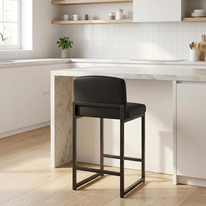GarveeHome Bar Stool, Modern Counter Height Bar Stools with Back and Footrest, Faux Leather Upholstered Barstools Chairs for Kitchen Island Dining Room Bar, Black