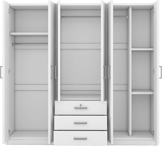 6 Door Armoire Wardrobe Closet with Big 3 Drawers, Wooden Freestanding Bathroom Armoire Cabinet with Shelves and Hanging Rod, Clothes Storage Organizer for Bedroom, Guest Room (White-8)