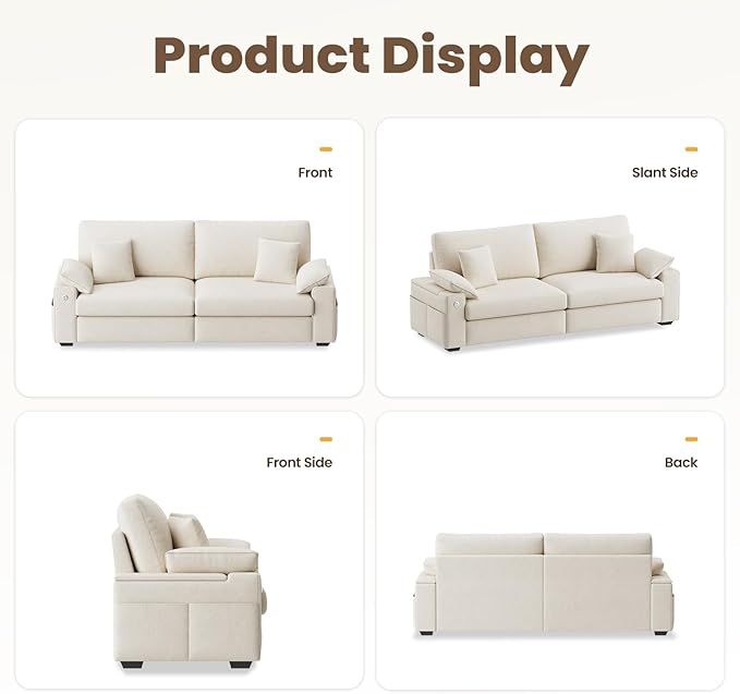 88.58" 3 Seats Deep Seat Sofa Couch, Beige | Side Storage, Removable Cover, Wide Armrest, Fabric, For Small Space