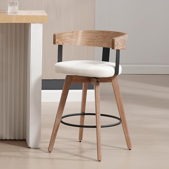 DUOMAY Swivel Bar Stools Set of 1, 26" Counter Height Counter Stool with Footrest Modern Wood Barstool with Linen Upholstered Seat for Kitchen Island Home Bar, White