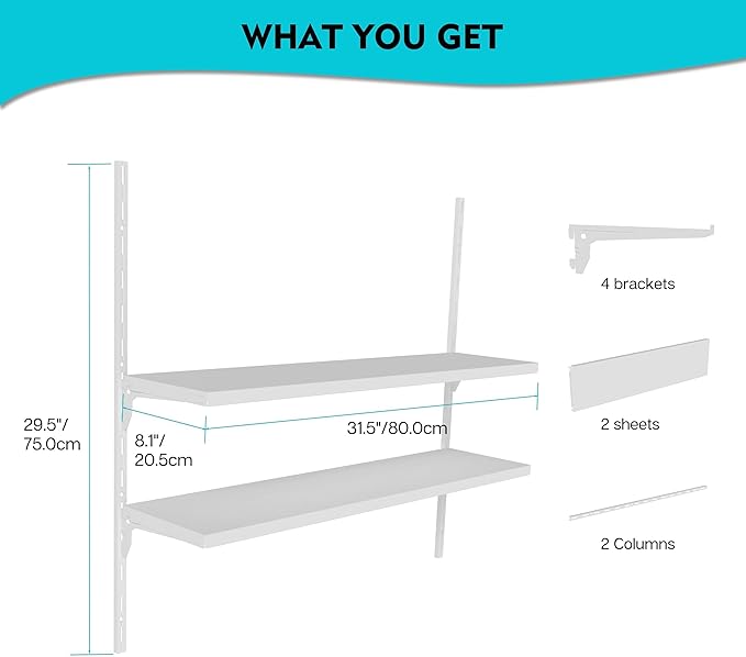 8" Deep ×32″ Long Adjustable Deep Floating Shelves for Wall 2‑Tier, Wall Mount Metal Shelf 110 LBS, Heavy Duty White Storage Rack for Garage, Kitchen, Bathroom, Bedroom, Wall Shelving Decor