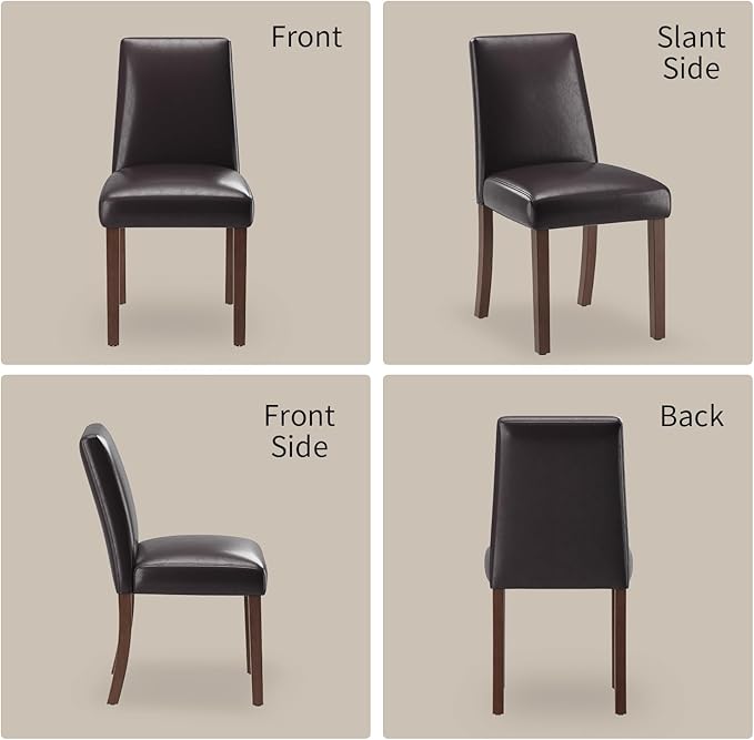 Dining Chairs Set of 2, Modern Dining Room Chairs with Wooden Legs, Faux Leather Upholstered Kitchen Farmhouse Parsons Chairs for Restaurant & Cafe- Dark Brown