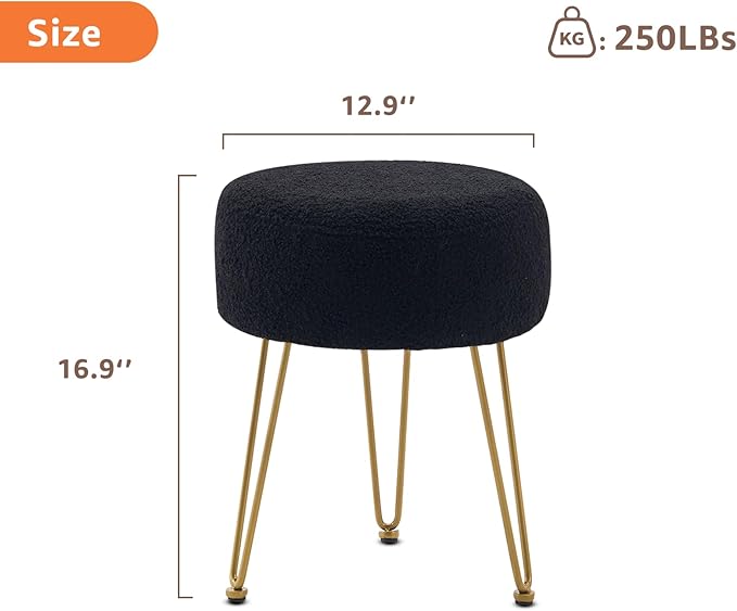 Vanity Stool, Teddy Velvet Ottoman Foot Stool, Dressing Table Seat with Metal Leg Vanity Chair for Bedroom, Living Room, Entryway, Offices