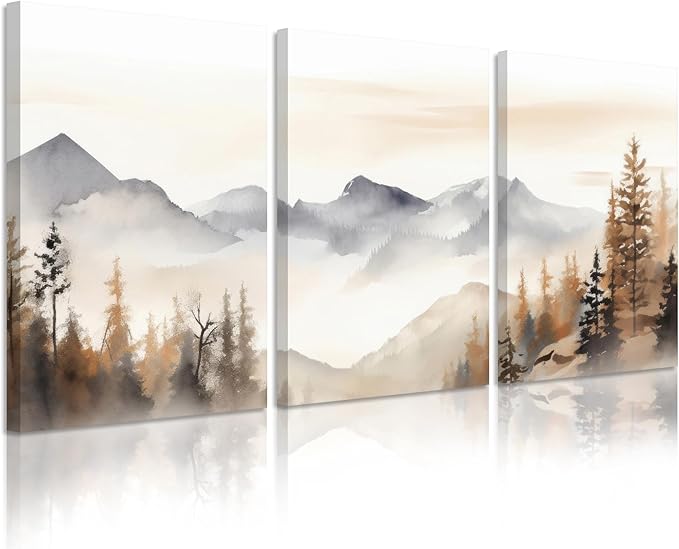 Neutral Mountain Wall Art Decor Set of 3 Forest Canvas Wall Art Poster Landscape Wall Art Artwork Modern Pictures Abstract Painting Watercolor Prints for Living Room Bedroom 24x36 Inch Wrapped Canvas