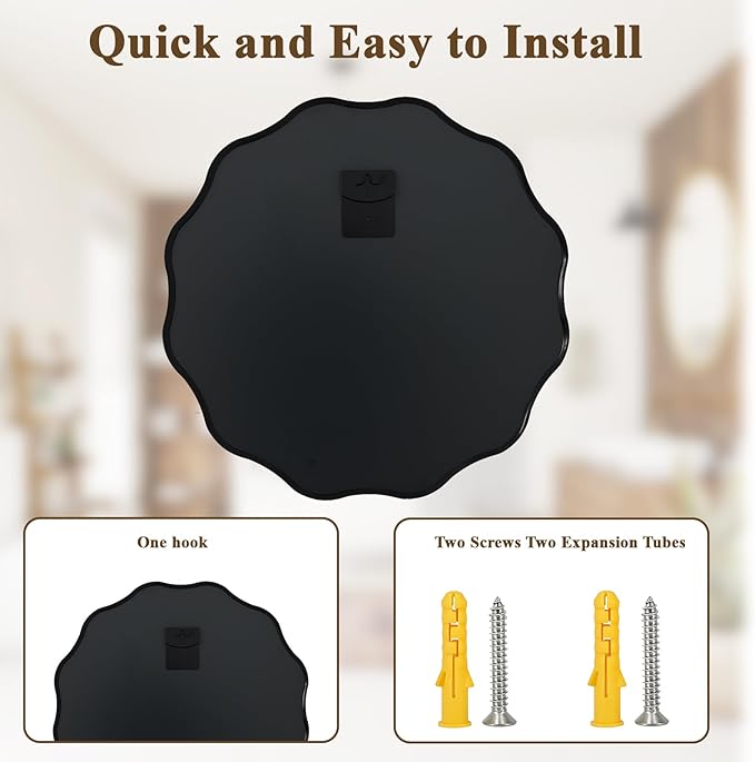 VooBang Black Scalloped Circle Mirror, 24" Wavy Edge Round Wall Mirror with Tempered Glass Textured Circular Metal Deep Frame, Hanging Leaning for Bathroom, Hallway, Entryway, Livng Room
