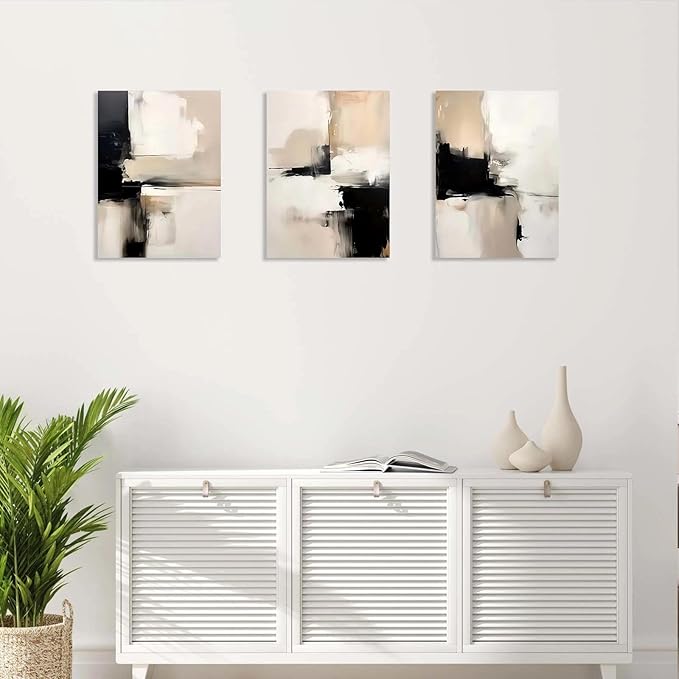 3 Piece Wall Art Framed Modern Abstract Neutral Canvas Wall Art Black White Beige Minimalist Painting for Living Room Bedroom Office Wall Decor Pictures Wall Decor with Hooks and Nails 12x16 Inch