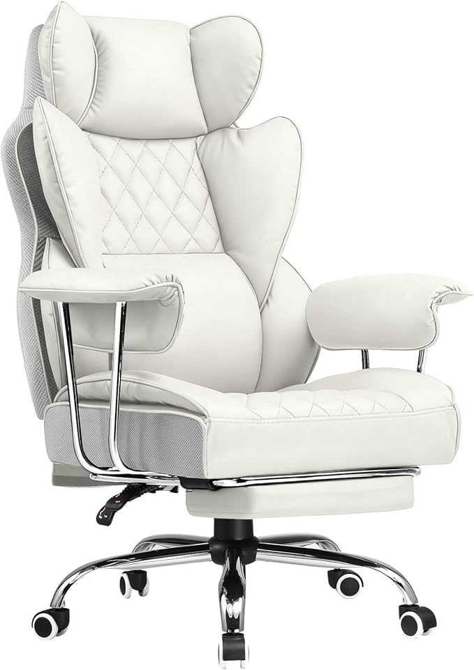 COMHOMA Big and Tall Office Chair, High Back Leather Gaming Chair with Footrest, Executive Ergonomic Office Chairs with Pocket Spring Lumbar Support and with Outward Fixed Soft Armrests