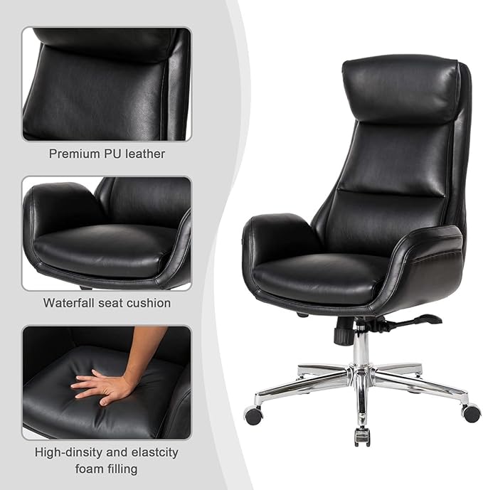 Glitzhome Mid-Century Modern Air Leatherette Adjustable Task Chair Swivel High Back Office Chair Computer Desk Chair with Armrest(Black)