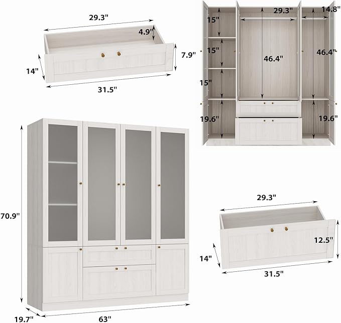 MOUMON 70.9" 4-Door Wardrobe Closet with Frosted Glass Doors & 2 Drawers, Double Hanging Rods & Shelves, Wide Armoire Closet Light Oak 63”W x 19.7”D x 70.9”H