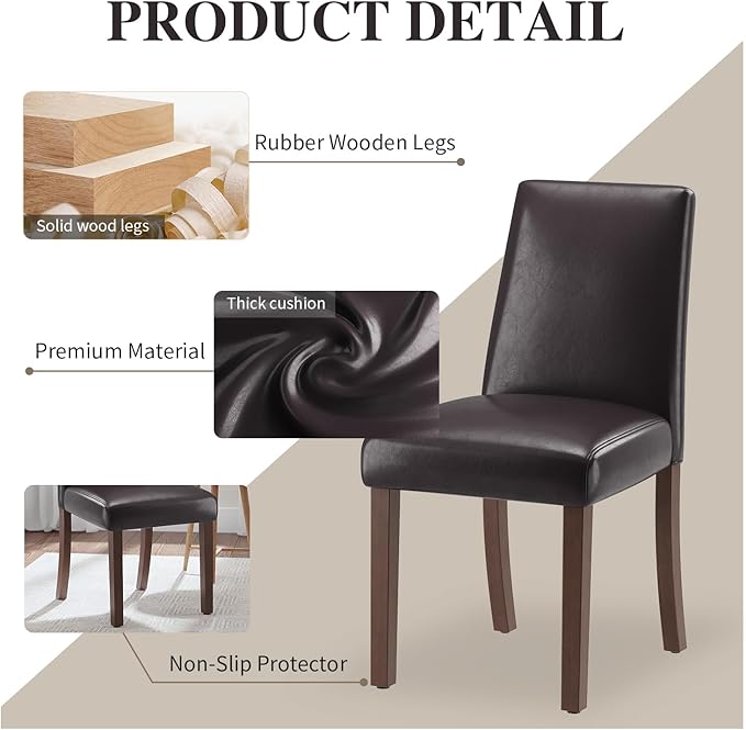Dining Chairs Set of 6, Modern Dining Room Chairs with Wooden Legs, Faux Leather Upholstered Kitchen Farmhouse Parsons Chairs for Restaurant & Cafe- Dark Brown