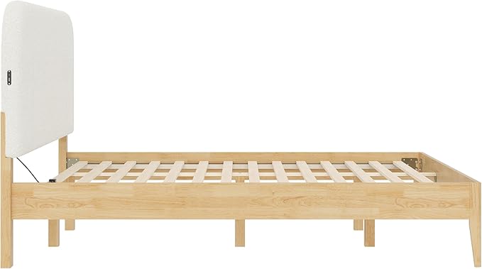 KISLOT Wood Bed Frame with USB & Type-C Charging, Boucle Platform Bed with Upholstered Headboard Mattress Foundation No Box Spring Needed Easy Assembly