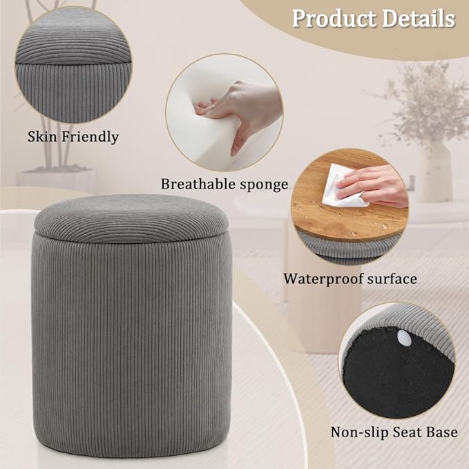 YSICK Round Ottoman with Storage, Set of 2, Small Vanity Stool as Vanity Chair, Corduroy Ottoman Foot Rest for Small Space, Living Room, Bedroom, Grey
