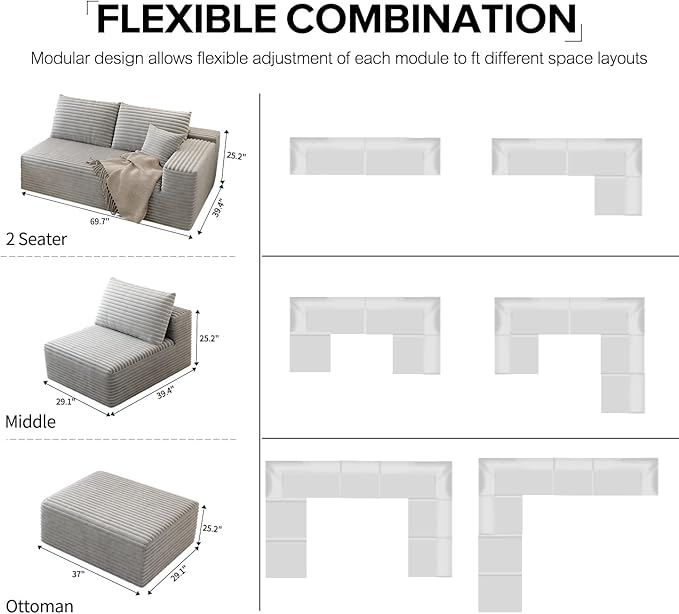 139.4" Modular Sectional Sofa, U-Shaped Minimalist Couches with Ottoman and Middle Seat, Modern Deep Seat Convertible Sleeper Sofa Bed, Reversible Chaise, Cloud Plush Corduroy Fabric,6 Seater, Grey