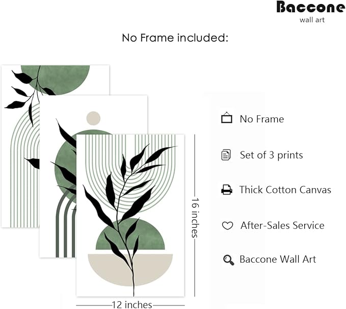 Mid Century Modern Wall Art Set of 3 Sage Green Canvas Wall Art Boho Prints Green Wall Decor Black Beige Abstract Picture Mid Century Painting for Living Room Bedroom 12x16 Inch UNFRAMED