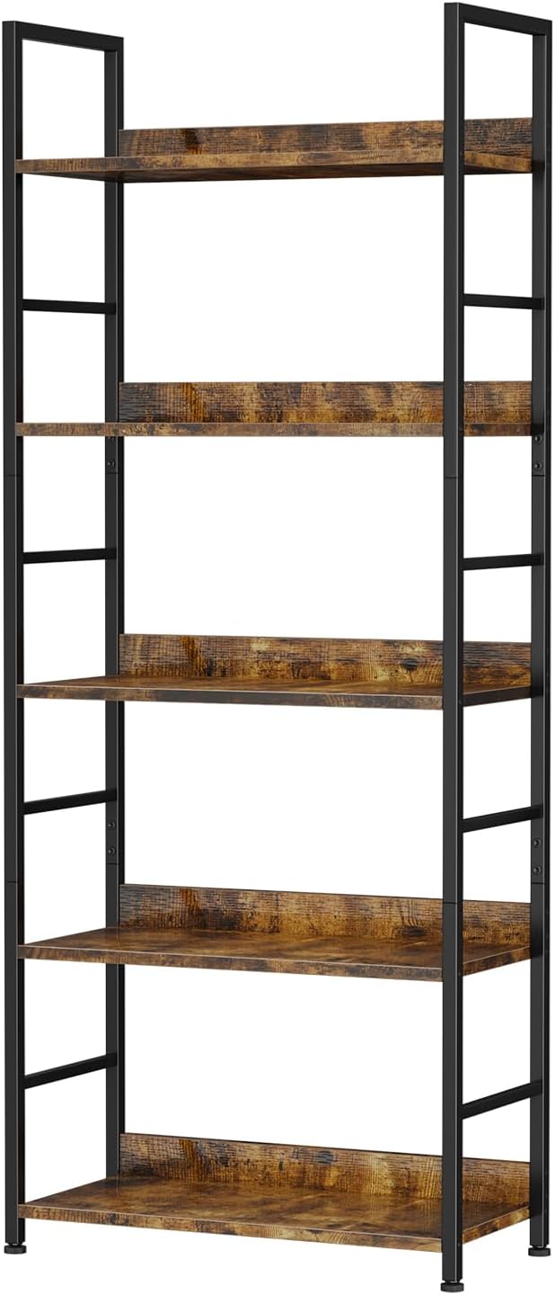 Ekisemio Bookshelf, 5 Tier Industrial Bookcase, Vertical Tall Bookshelf, Wood and Black Metal Open Shelves, Farmhouse Storage Rack for Living Room, Home Office, Bedroom, Rustic Brown