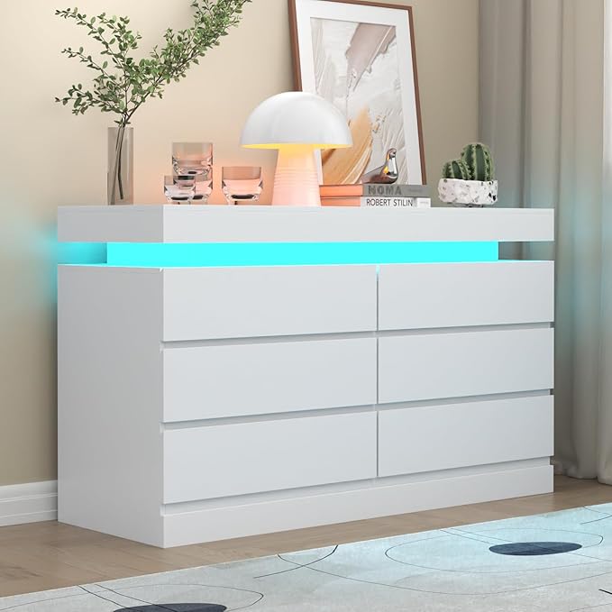 Gyfimoie 6 Drawer Dresser with Power Outlet, Dresser with LED Light, Modern Chest of Drawers for Closet, Double Wide Drawer Organizer Cabinet for Bedroom, Living Room (White, 6 Drawers)
