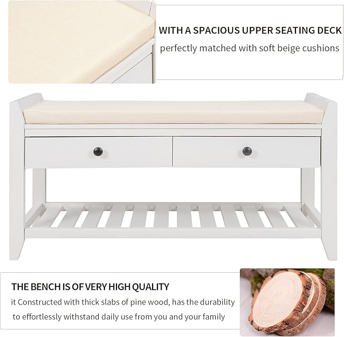 LUMISOL Storage Bench, Shoe Rack with Upholstered Seat and 2 Drawers, Solid Wood Entryway Storage Bench with Shoe Rack for Entryway, Living Room, Bedroom, White