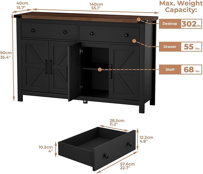 VVFLU 55" Sideboard Buffet Cabinet with Storage, Coffee Bar Cabinet with 2 Drawers and 4 Barn Doors, Long Storage Cabinet Modern Farmhouse, Black Wood, for Kitchen, Dining Room, Living Room