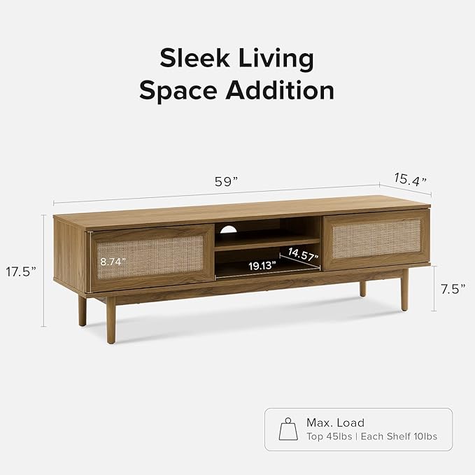 mopio Haylee TV Stand, Modern Farmhouse Television Stand for 55/60/65 inch TV, Natural Rattan Boho Entertainment Center with Storage, Media Console Credenza Table for Living Room, Bedroom (Oak 59")