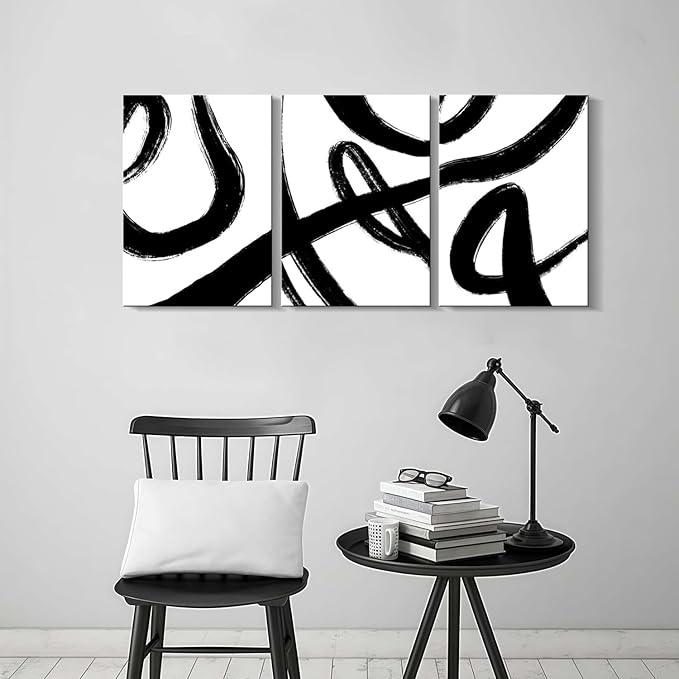 3Pcs Framed Abstract Black and White Canvas Wall Art Minimalist Brushstroke Line Prints Modern Home Gallery Style Picture Painting Posters Bedroom Living Room Office 16x24 Inch Ready to Hang
