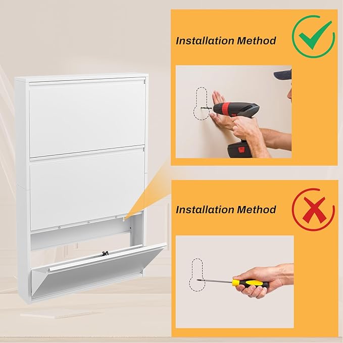 LUCYPAL White Shoe Cabinet Storage for Entryway,Slim Shoe Cabinets with 3 Flip Drawers,Metal Hidden Wall Shoe Cabinet for Living Room,Bedroom,Apartment 43" H*31.5" W*6" D