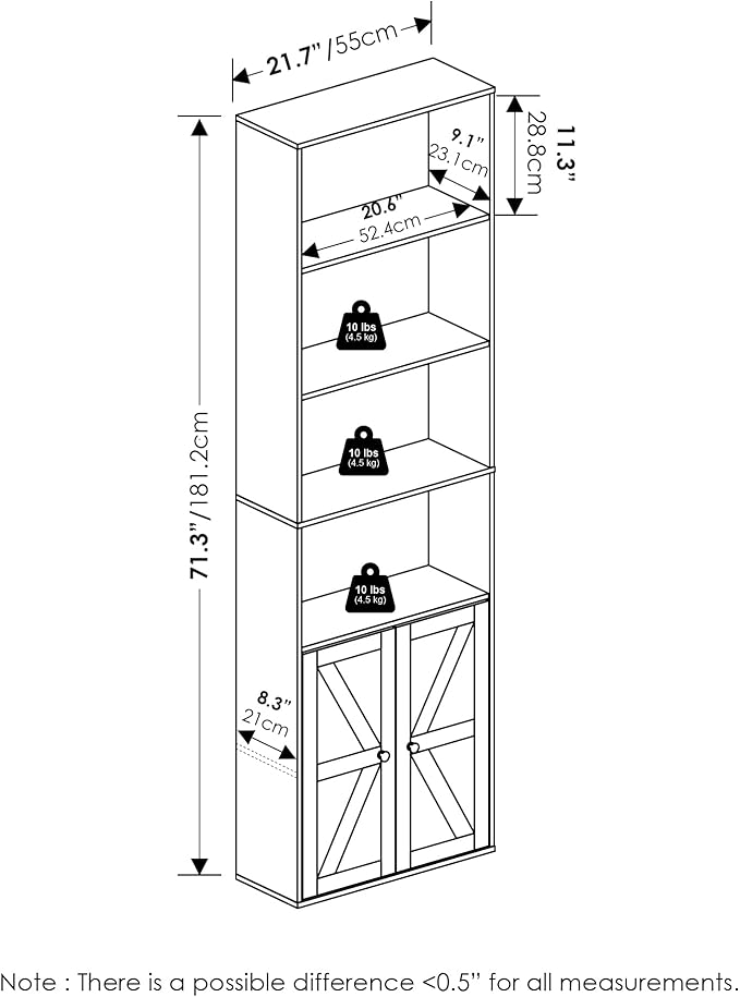 Furinno Jensen Book Shelf, 6-Tier Farmhouse Bookshelf, Display Bookcase with Doors, 9.2" x 21.6" x 71.2", for Organization and Storage, for Living Room, Bedroom, Home Office, White