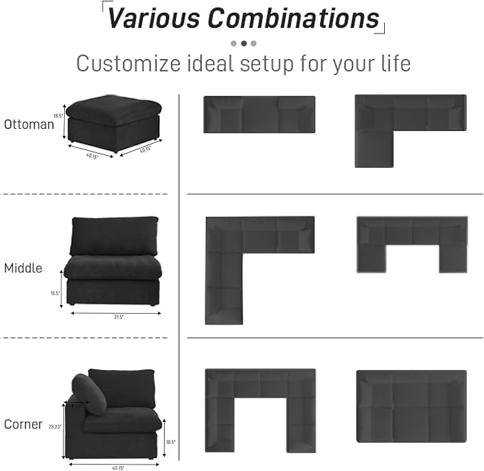 Cloud Couch Modular Sectional Sofa,160.6" L Shaped Convertible Sectional Sofas with Storage Ottoman for Living Room,Minimalist Deep 5 Seater, Covers Washable&Replaceable(Black)