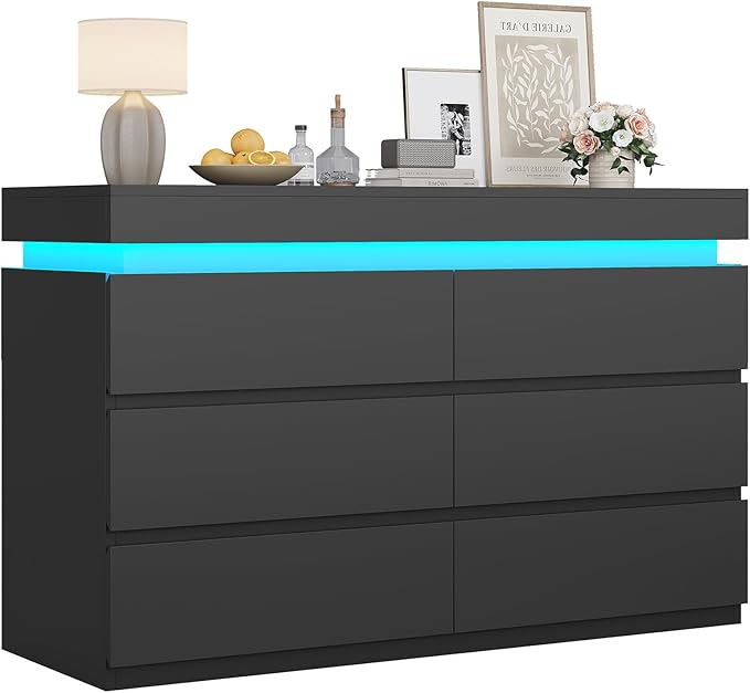 HAUOMS 6 Drawer Dresser with LED Light, Black Modern Chest of Drawers for Bedroom,Closet Dressers with Drawers for Living Room, Entryway, Hallway