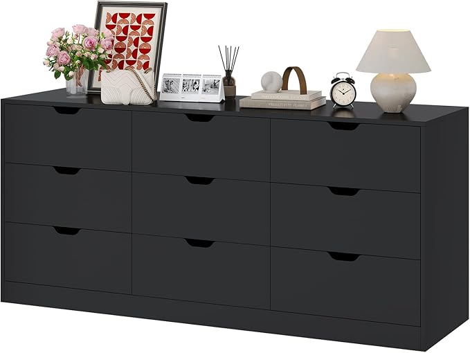HAUOMS 9 Drawer Dresser for Bedroom, Large Black Chest of Drawers for Bedroom,Long Modern Dressers with Drawers for Living Room, Hallway