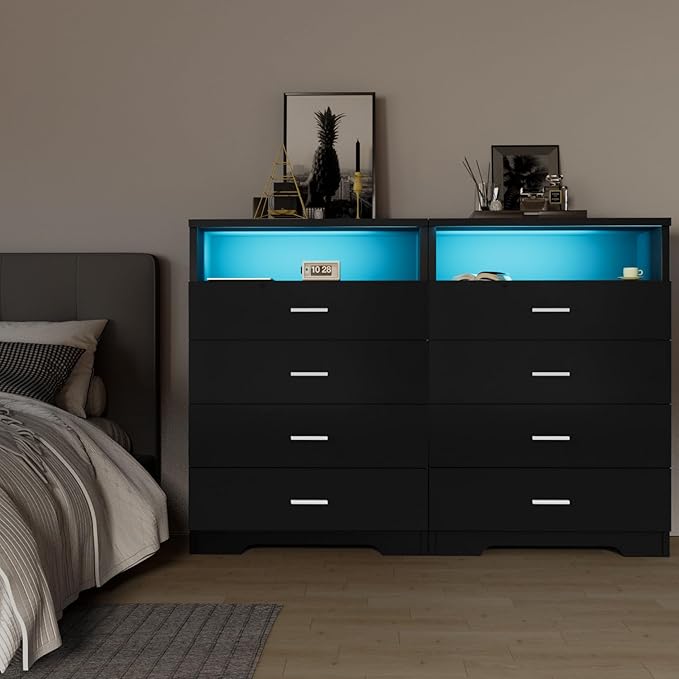 FJTJBSI Dresser with Power Outlets and LED Lights Wooden 4 Drawer Dresser with Large Organizer Tall Black Drawer for Bedroom Modern Chest of Drawers Closet for Living Room Kids Room
