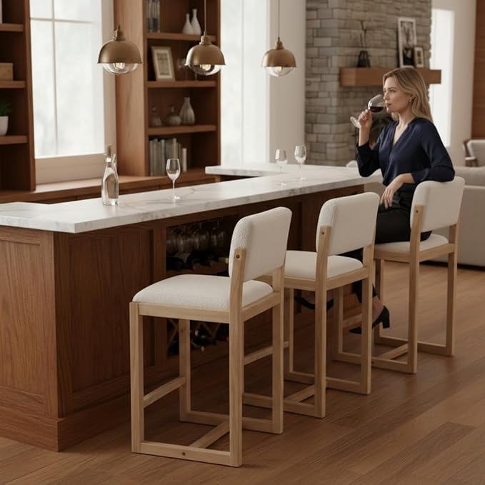 DUOMAY Modern Bar Stools Set of 2, 26" Counter Height Barstools, Sherpa Upholstered Kitchen Island Chair with Wood Legs for Home Bar Coffee Shop, White
