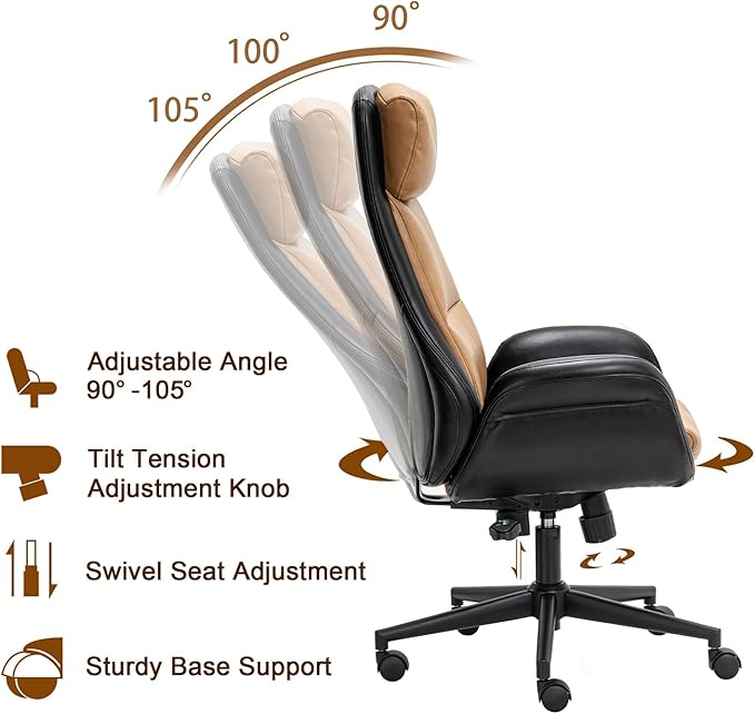 Glitzhome High Back Office Chair,Modern Ergonomic Swivel Office Chair,Adjustable Home Office Desk Chair with Lumbar Support,Black & Camel