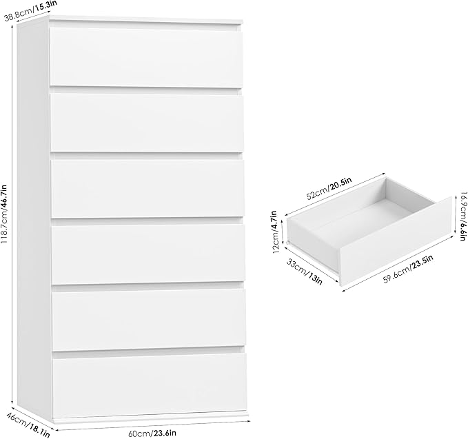 FOTOSOK White Dresser, 6 Drawer Dresser, Modern Tall Floor Storage Cabinet with Metal Sliding Rail, Wooden Handleless Drawer Cabinet, 6-Layer Large Capacity Vertical Dressers for Home & Office