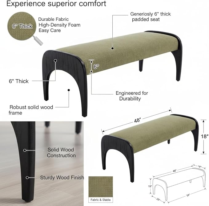 LukeAlon Extra Long 51-Inch Upholstered Storage Bench with Green Linen Fabric & Black Rubber Wood Legs for Kitchen Table, Bedroom, Entryway