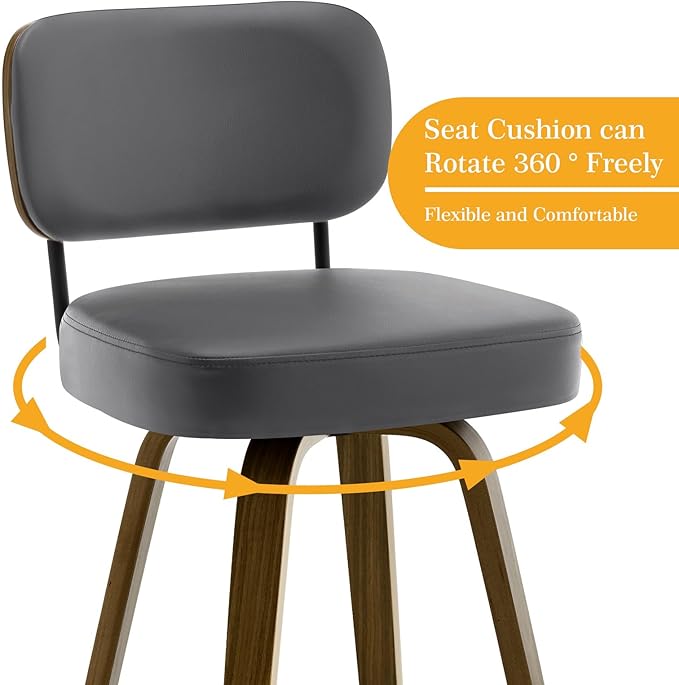 Bekrvio Swivel Counter Height Bar Stools Set of 4, 26" Upholstered Faux Leather Barstools with Back and Bent Wood Legs, Mid Century Modern Bar Chair Island Stool for Kitchen Counter, Grey