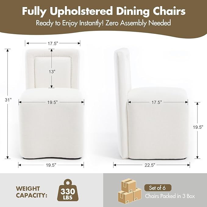 Hyfirm Upholstered Dining Chairs No Assembly, Set of 6 Modern Parsons Armless Kitchen Chairs with Padded Seat Cushion, Ready-to-Use White Linen Accent Side Chair for Diningroom Living Room Bedroom