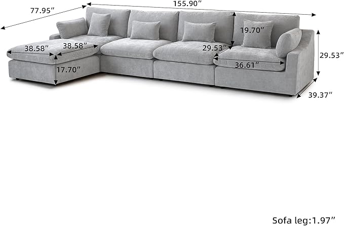155.9" L Shape Cloud Modular Couches for Living Room, Modern Sectional Sofa with Chaise Ottomans, Deep Seat Couch Cushion Covers Washable&Removable, Sectional Sofas for Home Office Apartment (Grey)