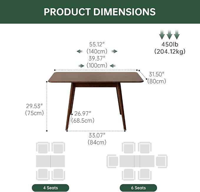 39’’-55’’ 100% Oak Extendable Dining Table, Solid Wood Folding Kitchen Table, Mid Century Modern Dinner Table for Kitchen, Apartment, Living Room (39''-55'' Walnut)